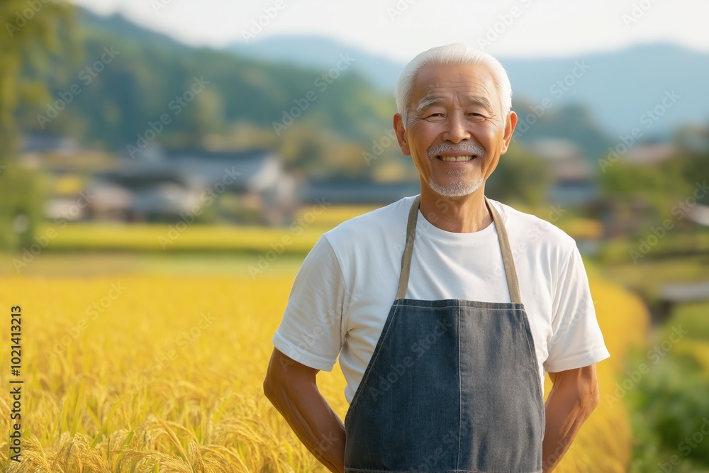 Poster man in a blue apron stands in a field of yellow rice. he is smiling and he is happy