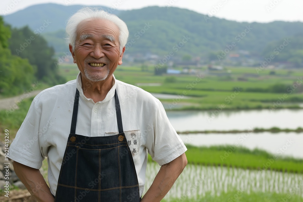 Aufkleber man with a black apron is smiling and standing in front of a field. concept of happiness and content