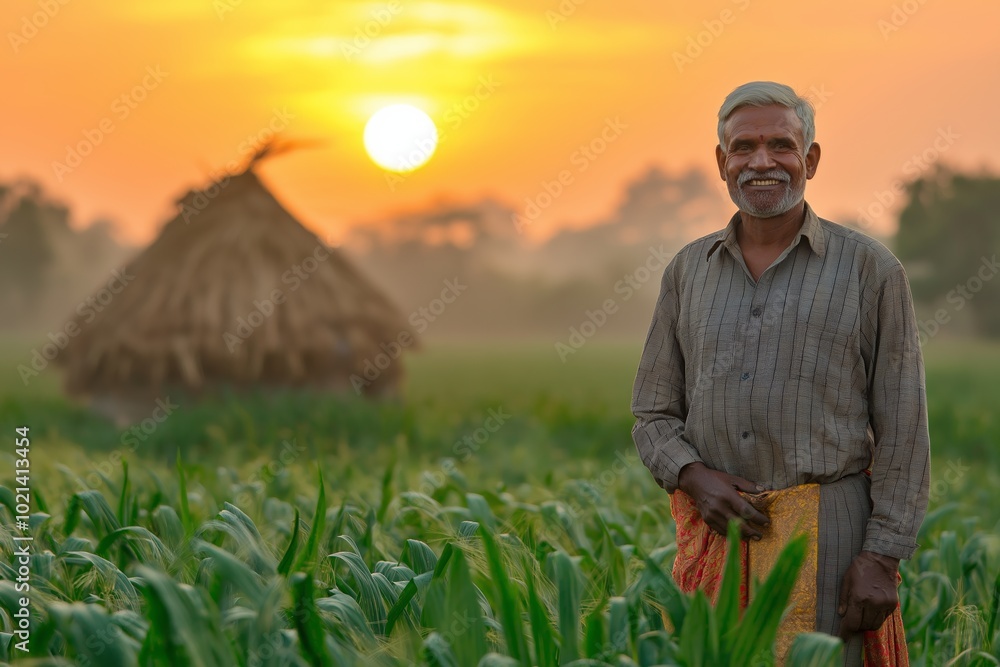 Poster man stands in a field with a hut in the background. the sun is setting, casting a warm glow over the