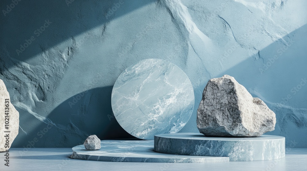Poster blue geometric stone and rock shape background minimalist mockup for podium presentation 3d renderin