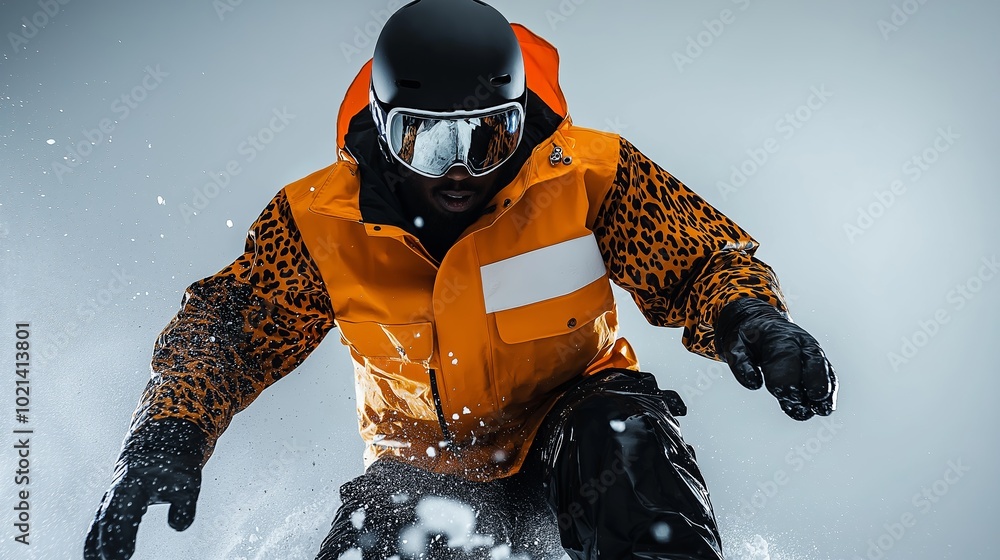 Poster man in a leopard print jacket is snowboarding. he is wearing a helmet and goggles