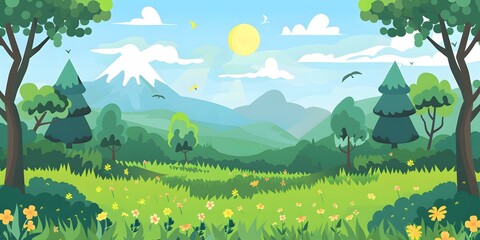 Green Grass Meadow with Mountains and Trees