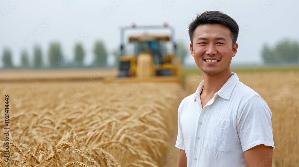 Poster man is standing in a field of wheat. he is smiling and looking at the camera. the field is full of w