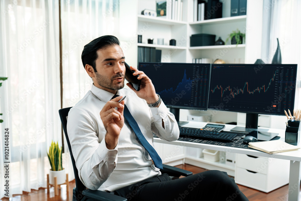 Wall mural trader businessman calling to consultant or partner with two stock exchange investment, compare data