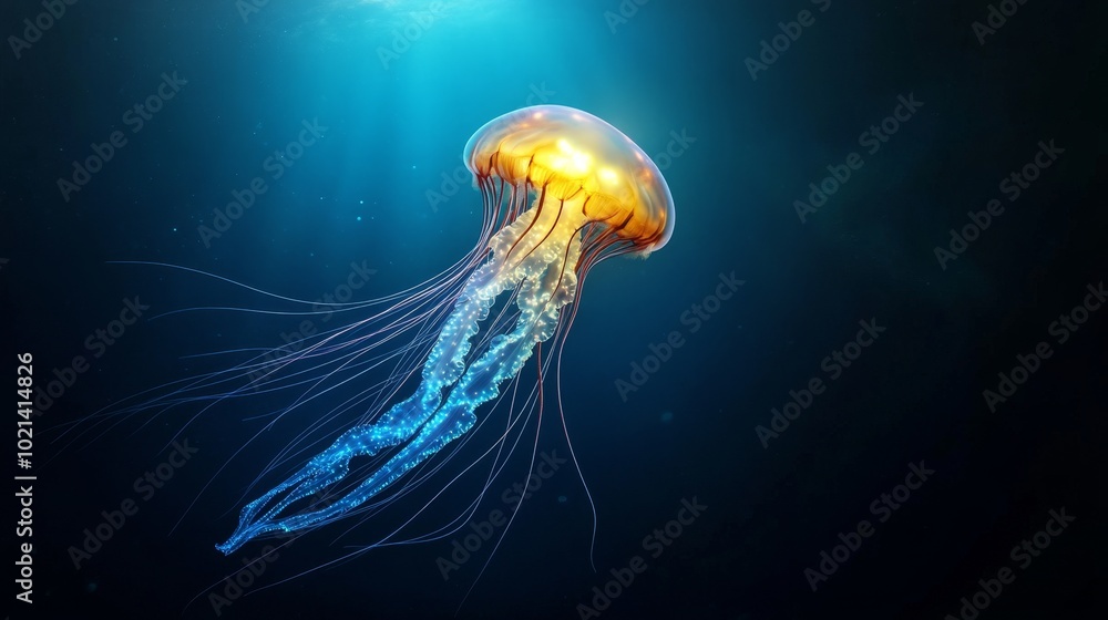 Wall mural Bioluminescent Beauty - Mesmerizing Glowing Jellyfish, a stunning underwater spectacle, highlighting the ethereal glow of a jellyfish, showcasing the beauty of marine life, bioluminescence, and the un