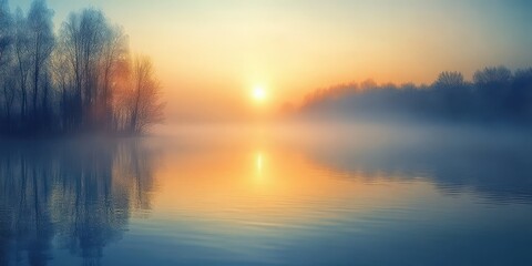 Obraz premium Fog Over Water: Spring Morning Landscape with Misty Lake and Sun Rising