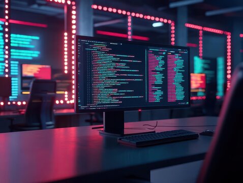 Render of a futuristic software engineer's desk with holographic code editors and AI assistants, futuristic coding, high-tech workspace