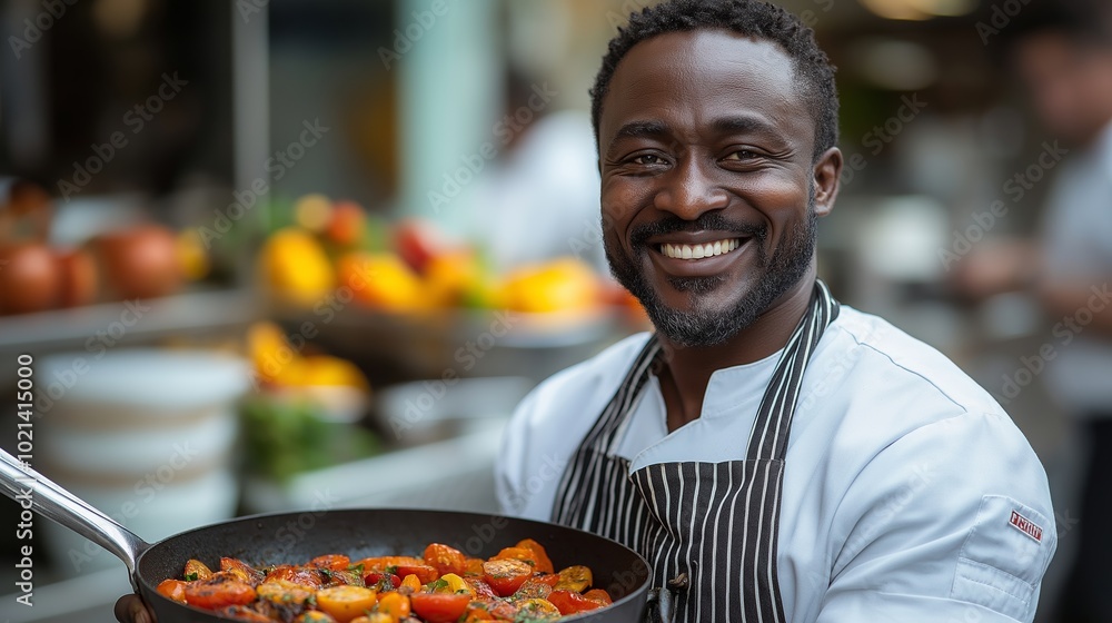 Poster man wearing a chef's apron is smiling and holding a pan with food in it. concept of happiness and sa