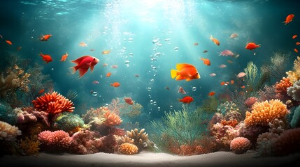 Captivating underwater scene showcasing a thriving coral reef habitat teeming with shimmering schools of colorful tropical fish darting amidst the swaying sea plants and iridescent coral formations