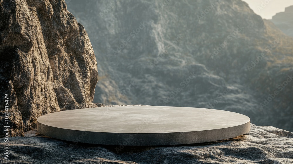 Poster 3D rendered platform and natural podium background on a mountain cliff for product showcase blank display mock up template or cosmetic presentation featuring an empty round stage