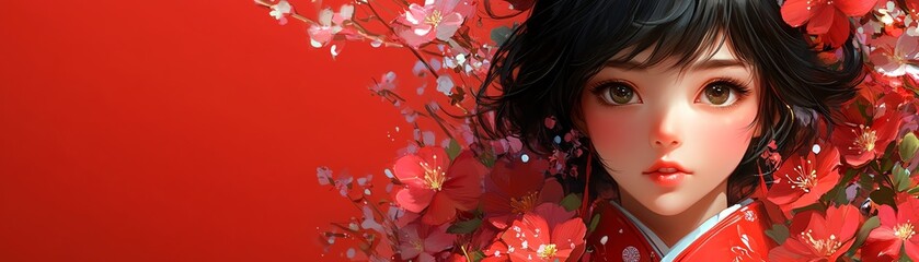 A captivating portrait of a woman surrounded by vibrant flowers, symbolizing beauty and cultural heritage.