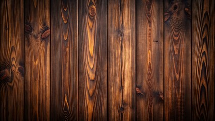 Obraz premium A close-up view of a dark brown wooden plank surface with natural grain and texture. The wood has been stained a rich, deep brown, giving it a rustic and antique appearance.