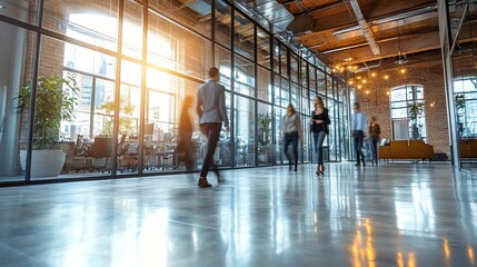 Fototapeta premium Modern office interior with people walking, large windows, natural light, and stylish decor, creating a vibrant work atmosphere.