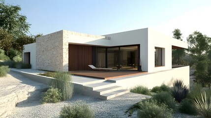 Fototapeta premium Modern House Design With Stone Wall And Wood Deck