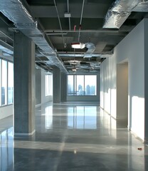 Empty Office Space With Exposed Ceiling and City View