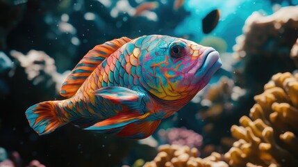 Fototapeta premium Close-up of a brightly colored parrotfish swimming among coral, its vibrant scales and large lips in focus.