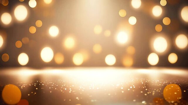Elegant golden bokeh lights with glittering surface in warm ambient glow. Festive background