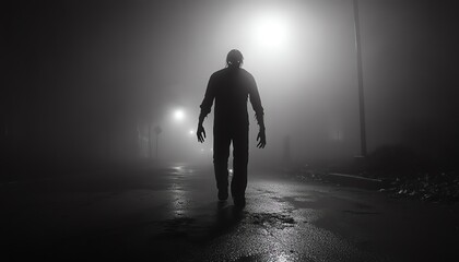 Obraz premium A mysterious figure walks through a foggy street illuminated by streetlights, creating an eerie and haunting atmosphere.