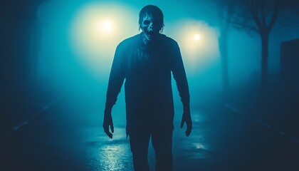 Fototapeta premium A mysterious figure looms in a foggy night scene, creating an eerie atmosphere with dim lighting and shadows.