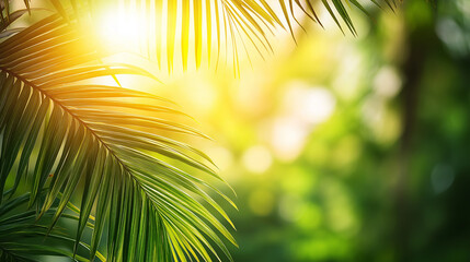 A single palm frond silhouetted against a sun-drenched, blurred background of lush green foliage.