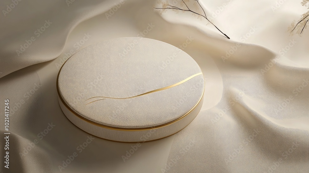 Aufkleber 3D rendering of a minimalist product display featuring a circular podium with a gold line on textured fabric viewed from above ideal for luxury cosmetic photography