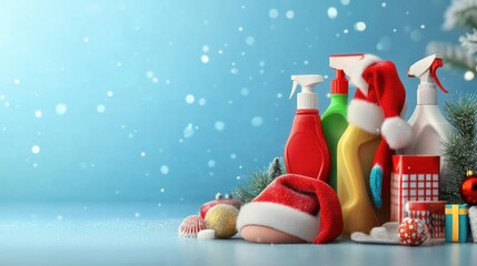Christmas cleaning concept. Various bottles, equipment, and accessories, gloves for cleaning with christmas decor and santa hat. Cleaning service advertising mockup background