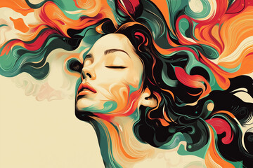 A woman with her eyes closed surrounded by swirling colorful abstract patterns.