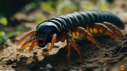 Close-up of a centipedes venomous fangs poised above its segmented body as it moves swiftly over the ground.