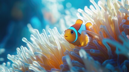 Fototapeta premium Close-up of a clownfish nestled among sea anemone tentacles, showcasing their symbiotic relationship in a vivid coral reef.