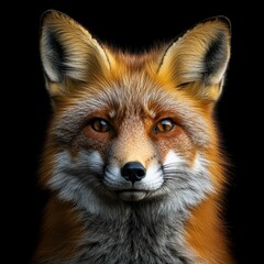 Fototapeta premium Fox Face. Red Chestnut Fox Isolated on Black Background. Wild Animal Predator