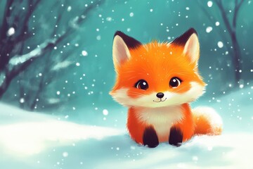 Fototapeta premium Fox Baby. Fantasy Red Fox Cub in Cute Winter Christmas Scene