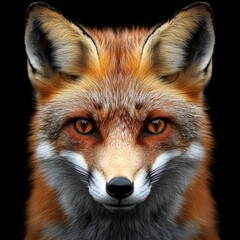 Fototapeta premium Fox Face. Red Chestnut Fox Isolated on Black Background, Wild Predator