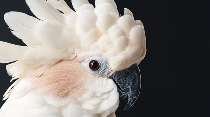 Close-up of a cockatoos white crest feathers raised, with its black beak and sharp eyes in focus.