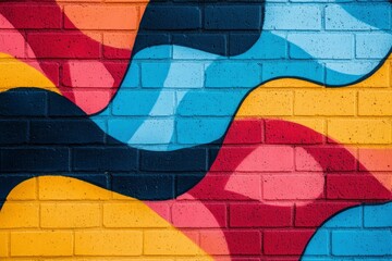 Abstract Graffiti Art on a Brick Wall in Blue, Red, Yellow, and Black