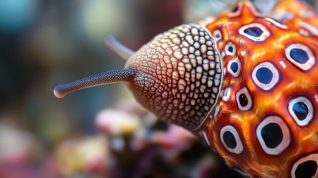 Close-up of a cone snails patterned shell, with its venomous harpoon hidden beneath, waiting to strike.