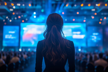 Naklejka premium Back view of a woman standing in a large conference hall, itently watching a presentation on giant digital screens.