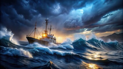 Obraz premium A weathered ship braves the tumultuous waves of a stormy ocean, illuminated by a golden glow of the setting sun.