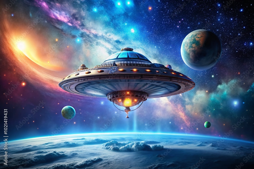 Aufkleber futuristic alien spaceship hovering over a distant planet in a starry cosmic background