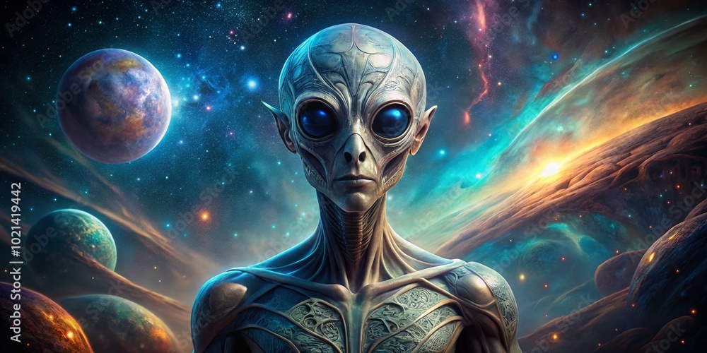 Poster futuristic alien body with unique features and textures against a cosmic background for science fict
