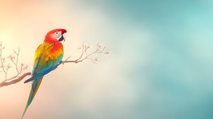 Vibrant parrot with striking plumage perched on a gnarled tree branch against a serene azure sky