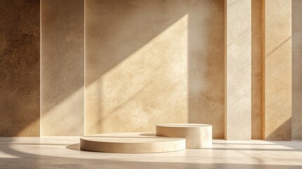 3D rendering studio featuring geometric shapes and a podium on the floor providing platforms for product display in a mock up background Abstract composition with a minimalist design