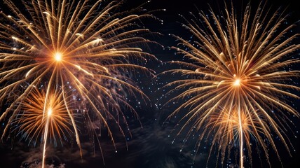 Fototapeta premium A vibrant display of fireworks explodes in the night sky, creating a stunning spectacle of light and color.