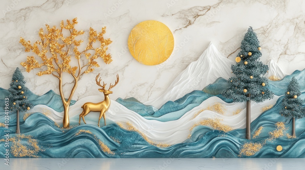 Poster 3d modern canvas mural featuring trees and a white marble backdrop with a golden deer festive tree m
