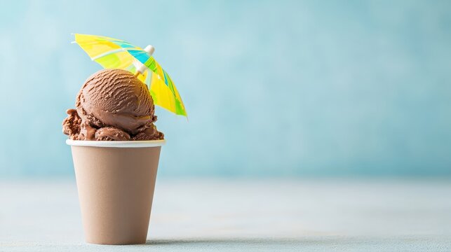 Chocolate ice cream in a cup, with a straw and umbrella, tropical theme - Powered by Adobe
