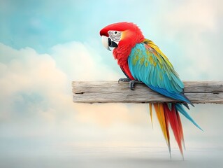 Majestic parrot with vivid feathers in a symphony of colors including crimson turquoise and amber poised gracefully on a weathered wooden perch