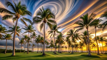 Fototapeta premium A mesmerizing sunset swirl over palm trees along a winding road in a tropical paradise, creating a surreal atmosphere at dusk. Generative AI