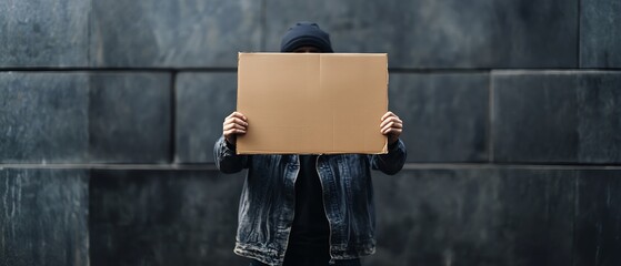 A person holding a blank cardboard sign in front of a textured wall, symbolizing anonymity or the possibility of messaging.