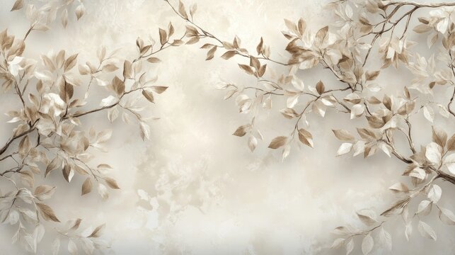Fototapeta 3D artwork featuring classic wallpaper with light brown branches and leaves designed as a mural background for bedroom decoration