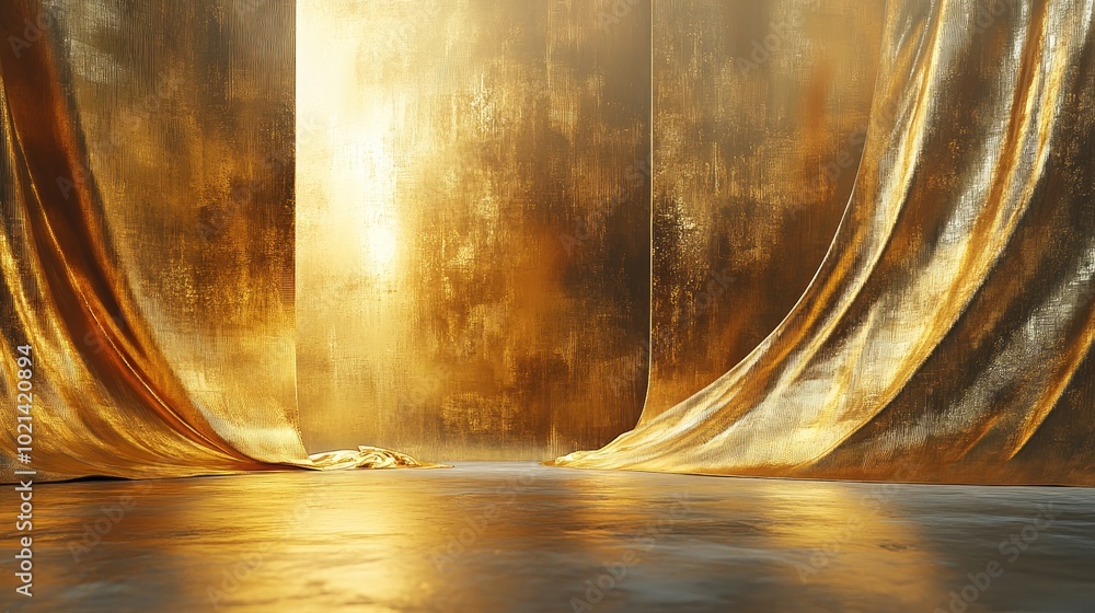 Poster Abstract painting of a luxurious golden curtain featuring a dramatic and modern design high quality 3D rendering graphic element for creative backgrounds and materials