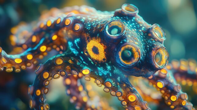 Close-up of a dangerous blue-ringed octopuss glowing rings in bright detail as it floats in clear water.